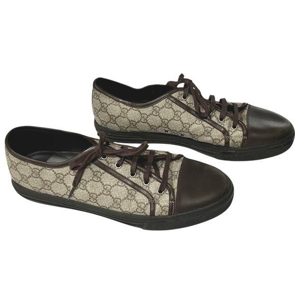 GUCCI Men’s Low Top Cap Toe Sneakers in Brown GG Canvas & Leather-12G(US 12.5) - Picture 3 of 10